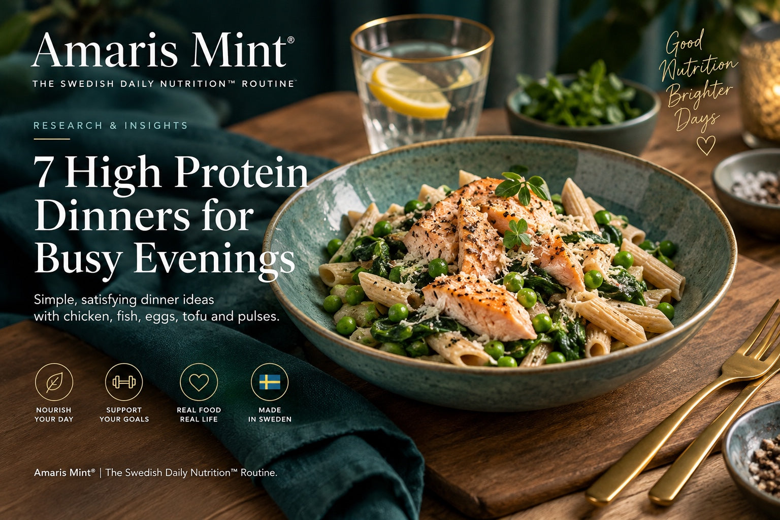 Salmon with wholewheat pasta, peas and greens in a teal bowl, with Amaris Mint branding and the headline 7 High Protein Dinners for Busy Evenings.