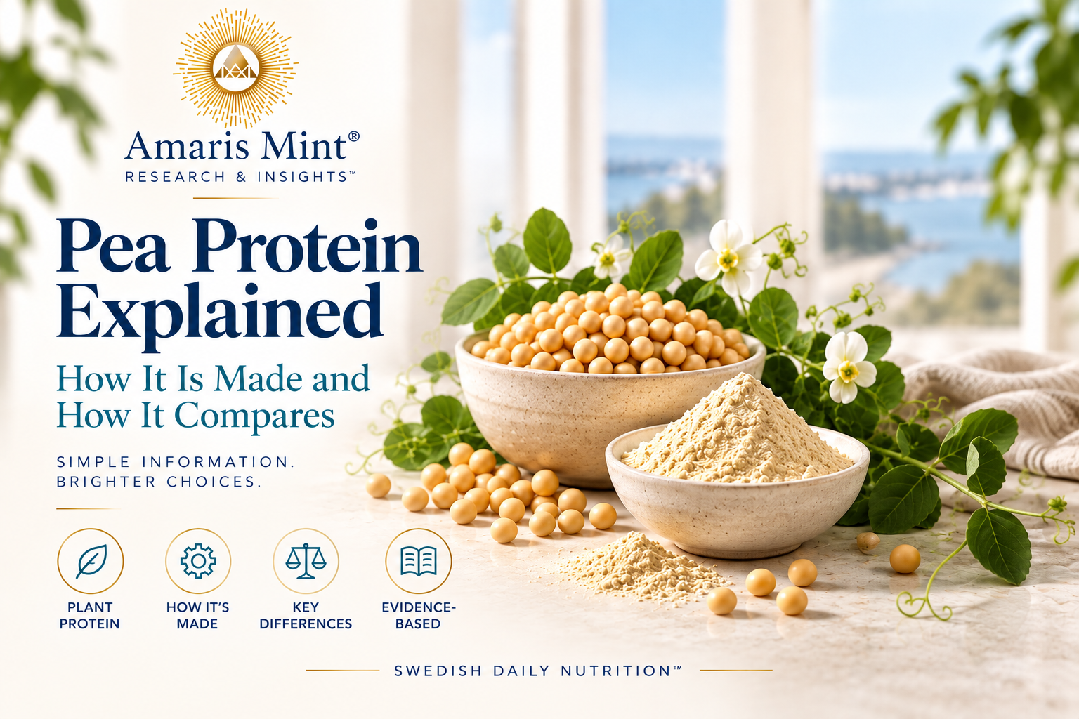 Yellow field peas and pea protein powder in an Amaris Mint Research & Insights educational cover.