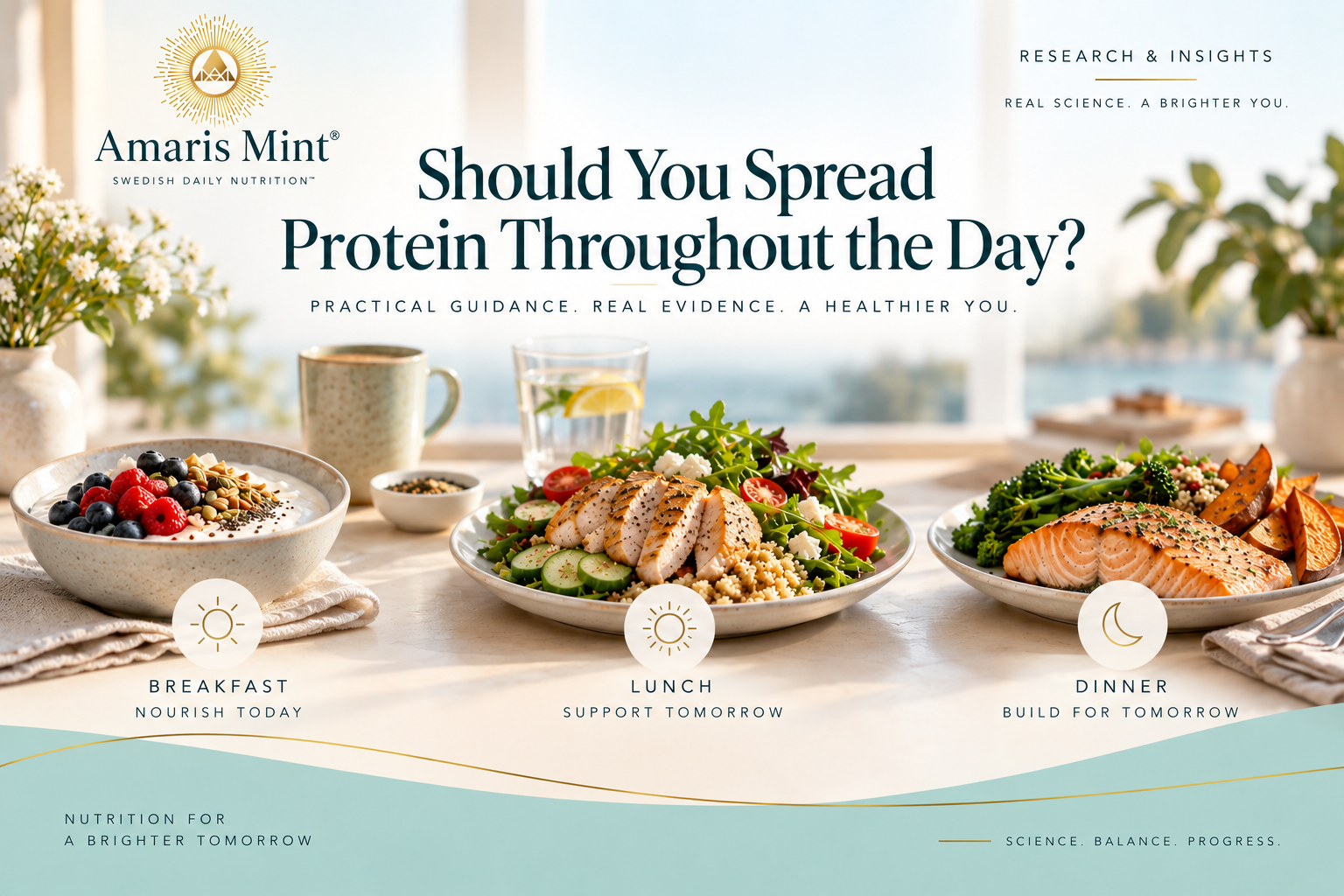 Breakfast, lunch and dinner protein foods arranged across a Scandinavian-style day, illustrating how protein can be distributed between meals.
