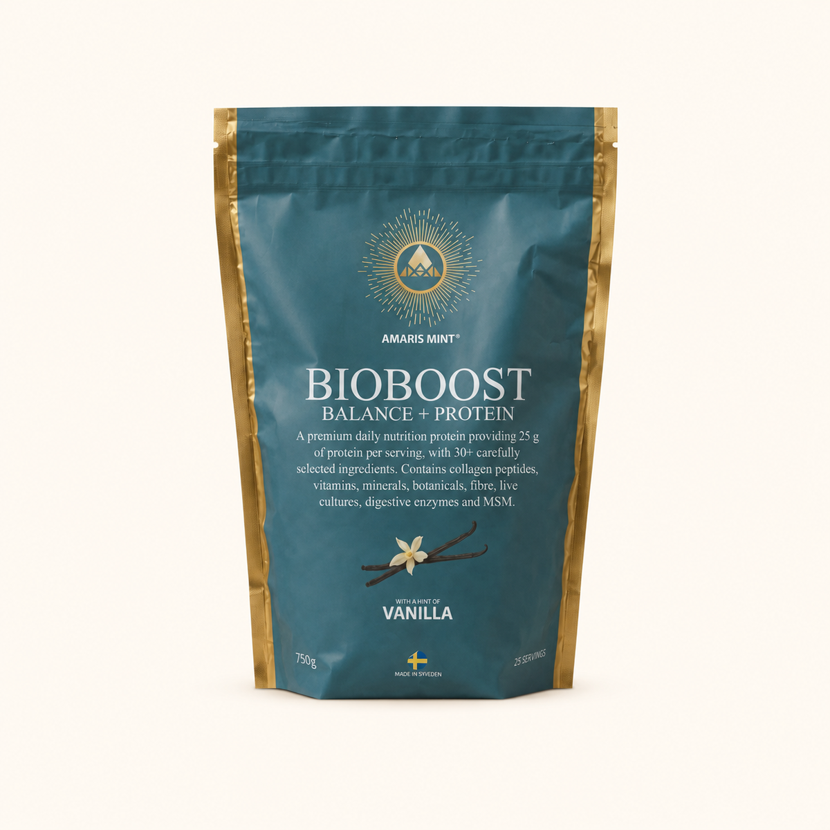 A 750g stand-up pouch of Amaris Mint Bioboost Balance + Protein in Vanilla flavor, featuring a dark teal-blue background with metallic gold side panels and gold text.