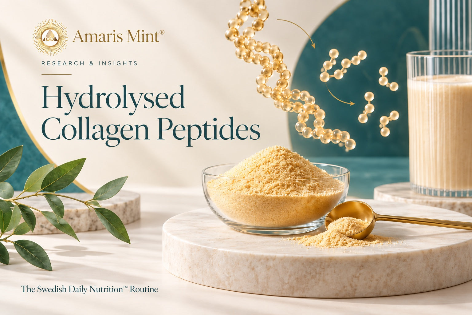 Amaris Mint Hydrolysed Collagen Peptides cover with gold sunburst logo, gold peptide illustration, a bowl of golden powder, scoop and drink against a cream and teal background.