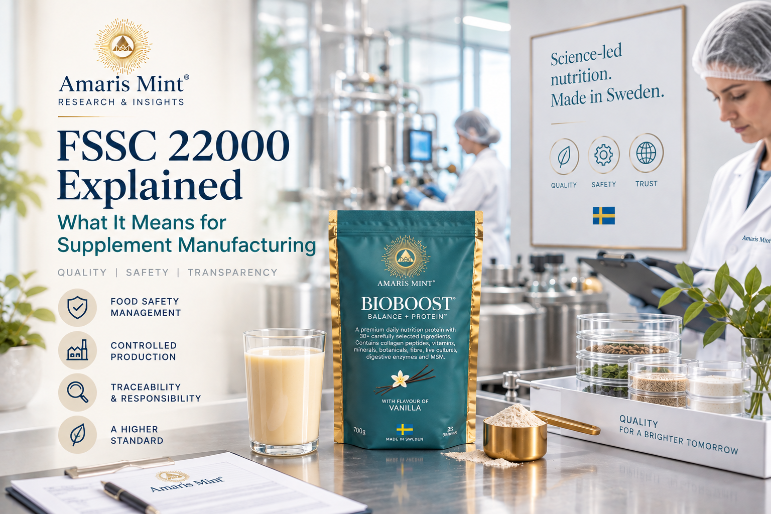 FSSC 22000 supplement manufacturing article cover with BioBoost Balance+ Protein in a Swedish production setting.