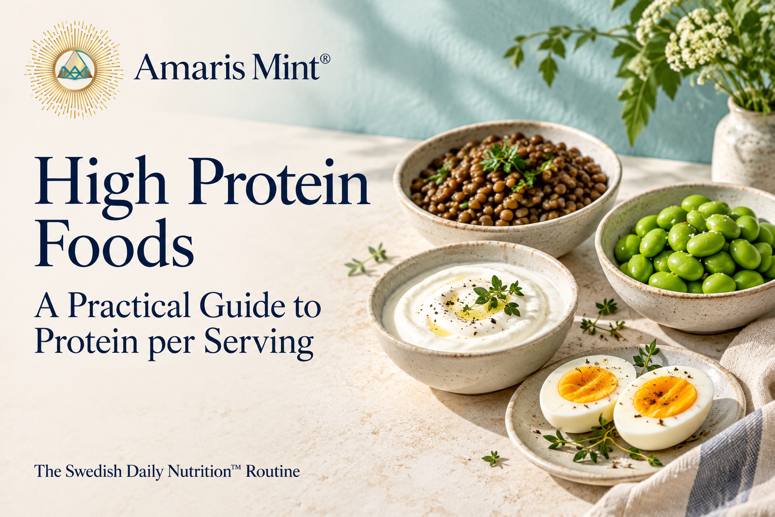 High Protein Foods: A Practical Guide to Protein per Serving. Lentils, edamame, yoghurt and eggs with Amaris Mint branding.
