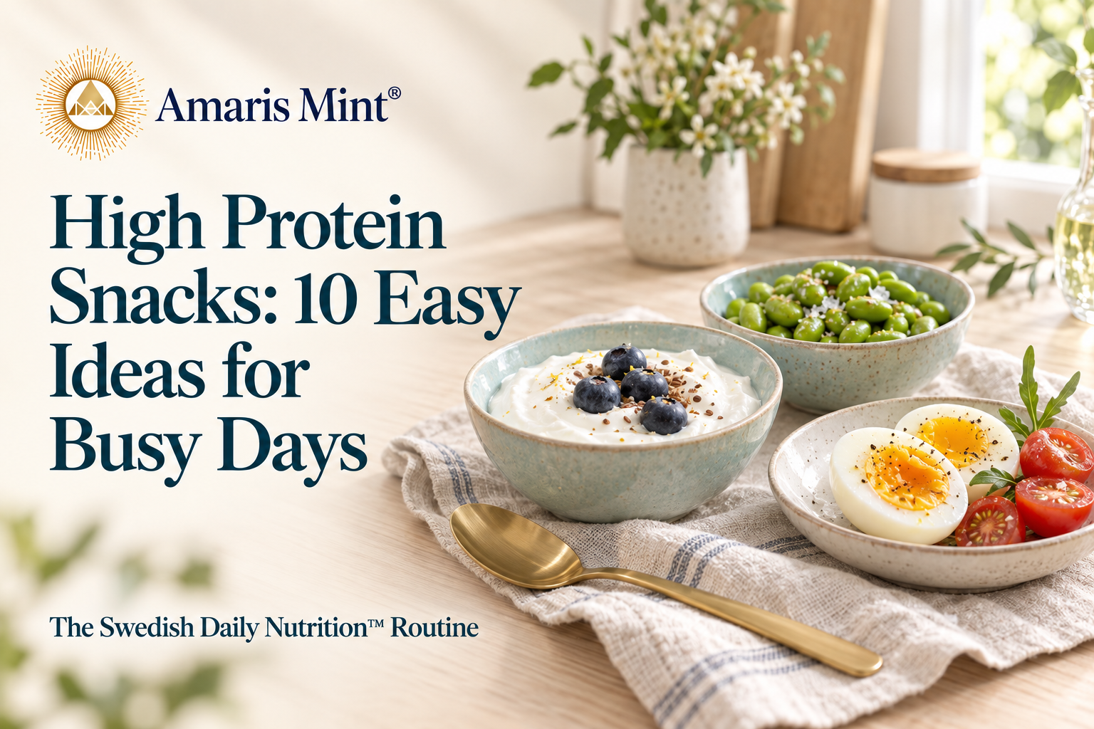Skyr with blueberries, edamame and a halved egg with tomatoes on a Nordic kitchen table, with Amaris Mint branding and the headline High Protein Snacks.