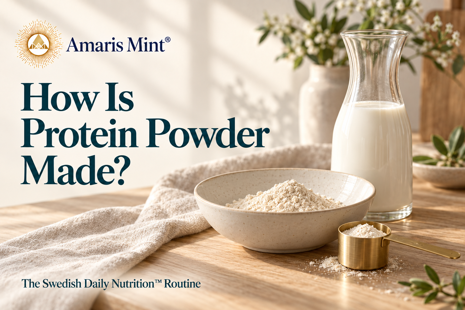 A milk carafe, bowl of protein powder and gold scoop on an oak table, with Amaris Mint branding and the headline How Is Protein Powder Made?