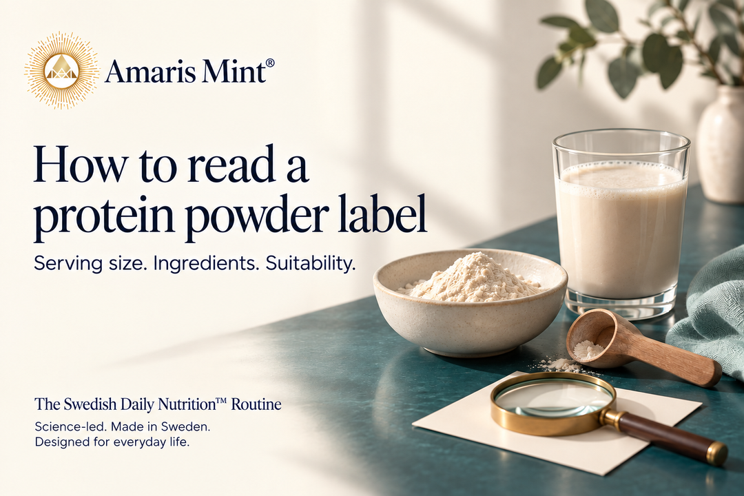 Amaris Mint cover titled How to read a protein powder label, with a creamy drink, bowl of powder, wooden scoop and magnifying glass on an ivory card beside a teal cloth.
