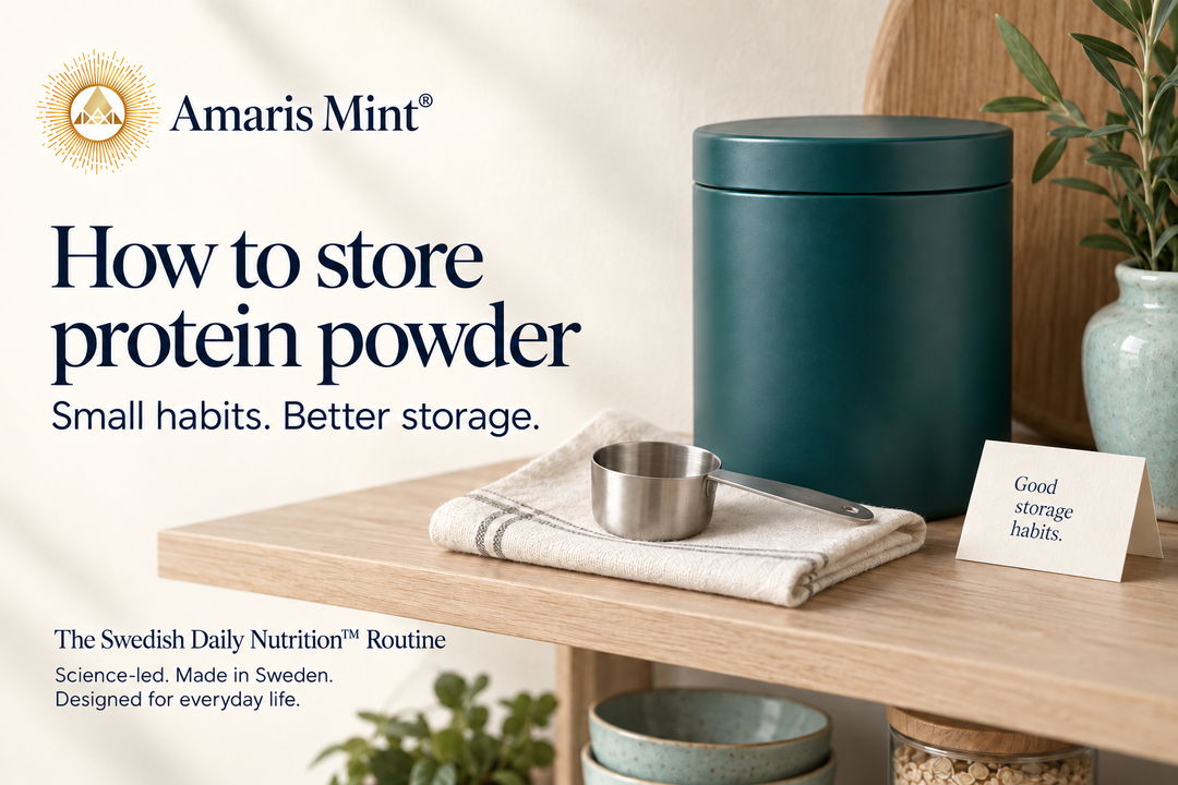 Amaris Mint cover titled How to store protein powder, with a closed teal canister and dry metal scoop on ivory linen on a pale oak shelf.