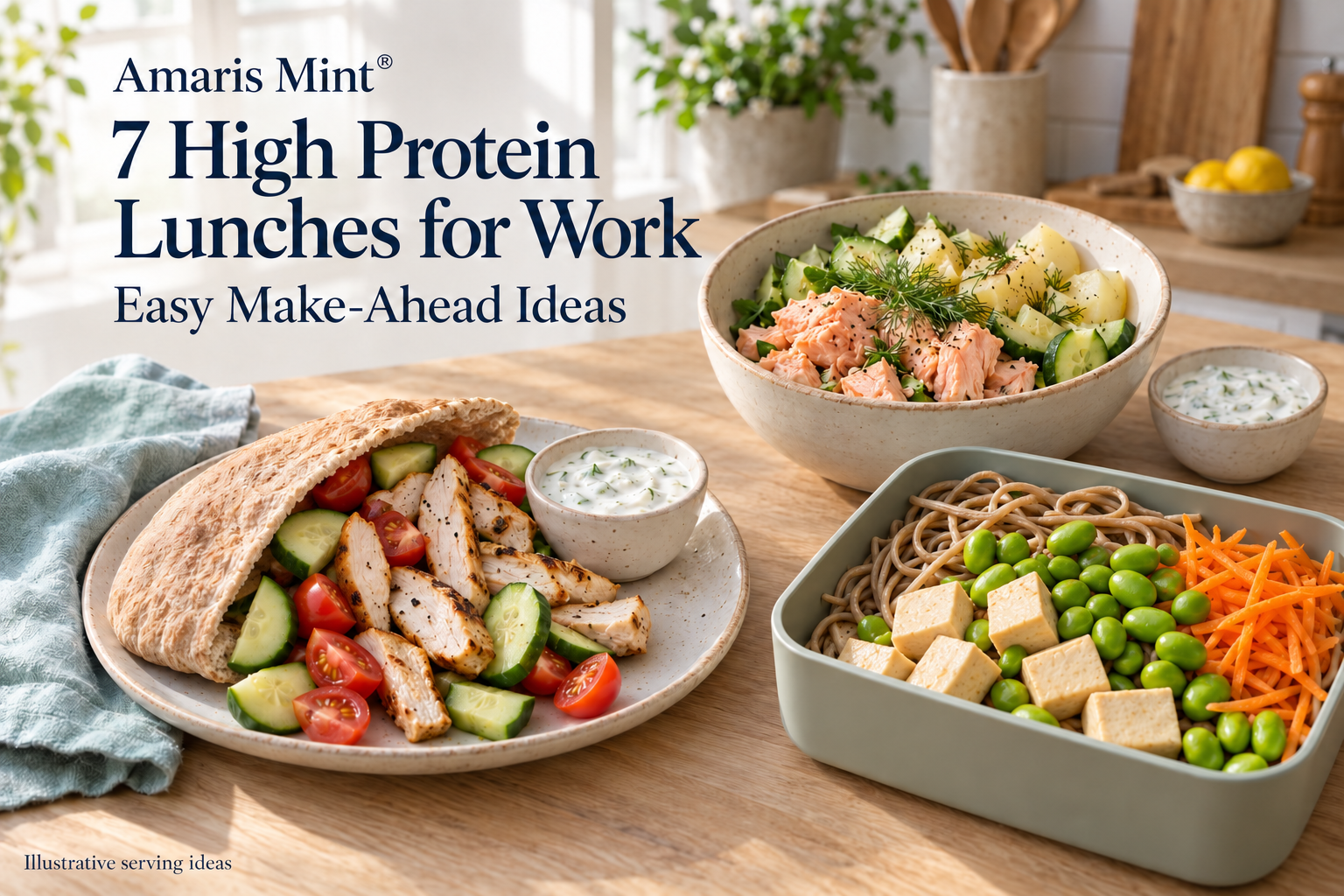 Amaris Mint: 7 High Protein Lunches for Work, with illustrated chicken pitta, salmon potato bowl and tofu noodle lunch.