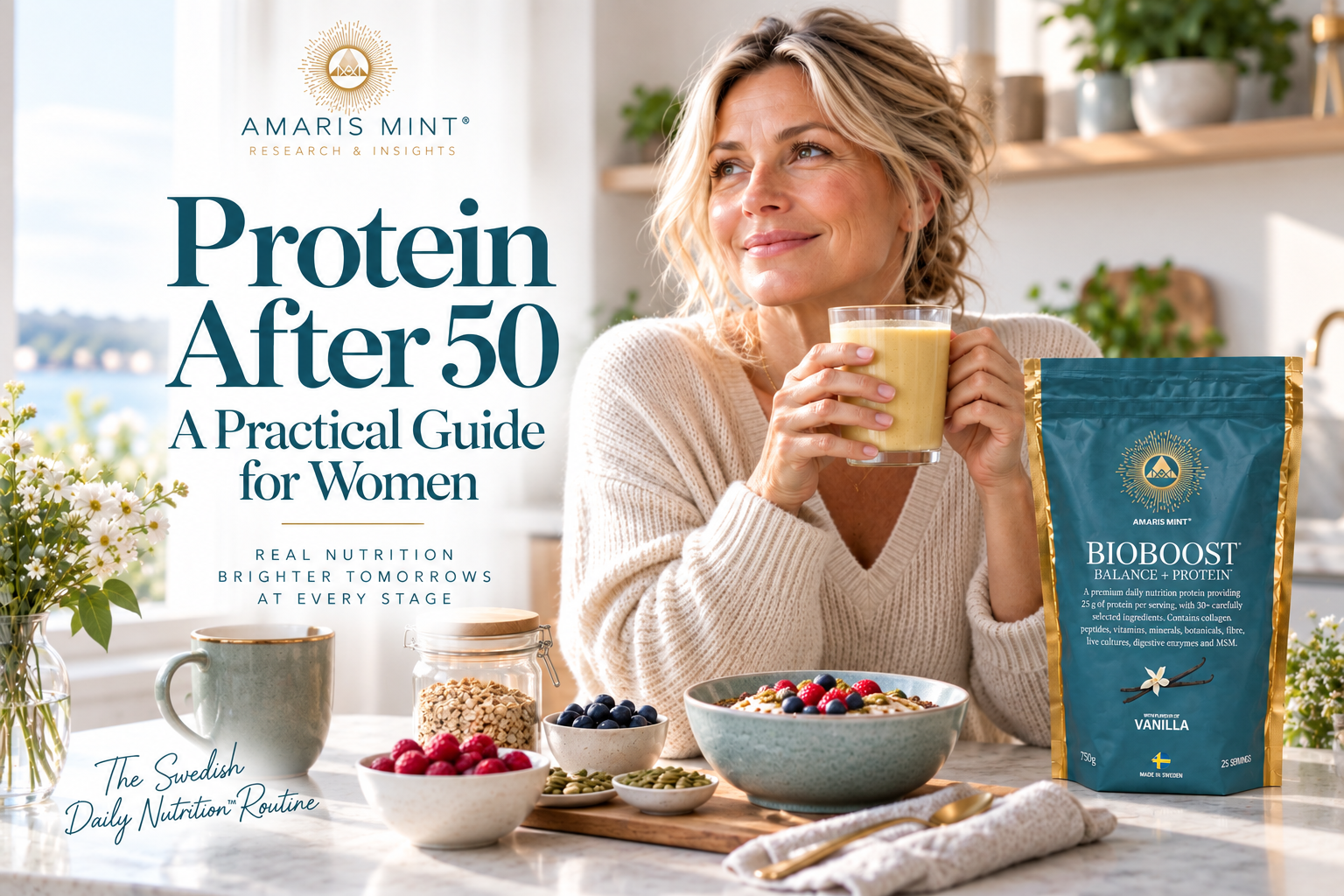 Woman over 50 with a protein shake and breakfast in a Scandinavian kitchen beside BioBoost Balance+ Protein.
