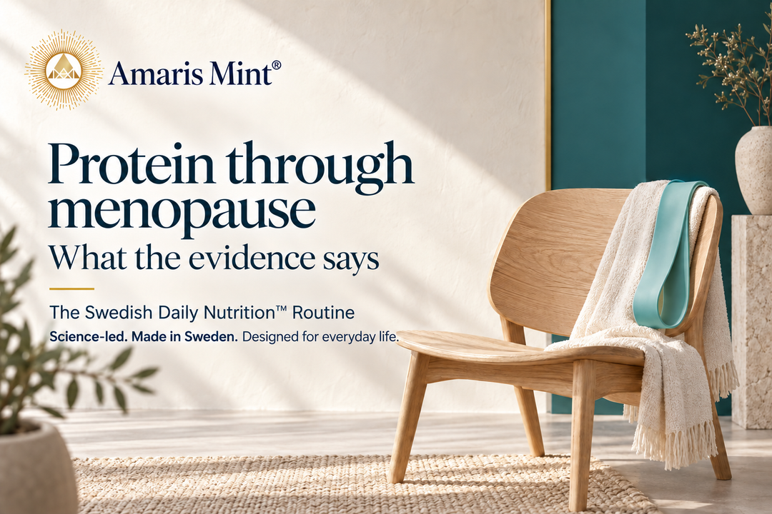 A pale oak chair with an aqua resistance band in a calm ivory and teal Nordic interior, with a small gold Amaris Mint® emblem and the headline Protein through menopause.
