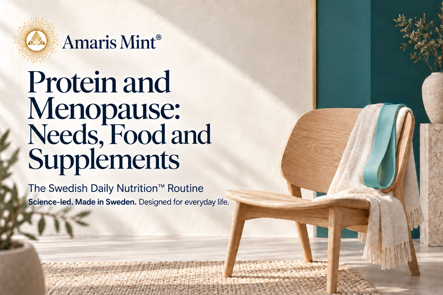 Nordic interior with a resistance band, illustrating protein and strength training in midlife.
