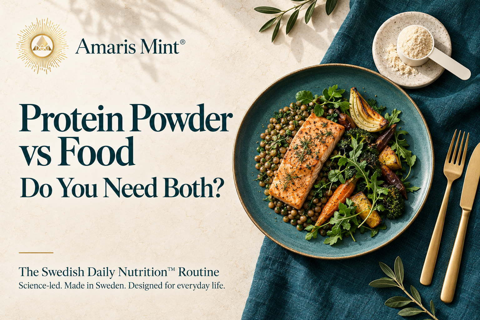 An overhead view of salmon, lentils and vegetables on a teal plate beside a scoop of protein powder, with Amaris Mint branding and the headline Protein Powder vs Food: Do You Need Both?