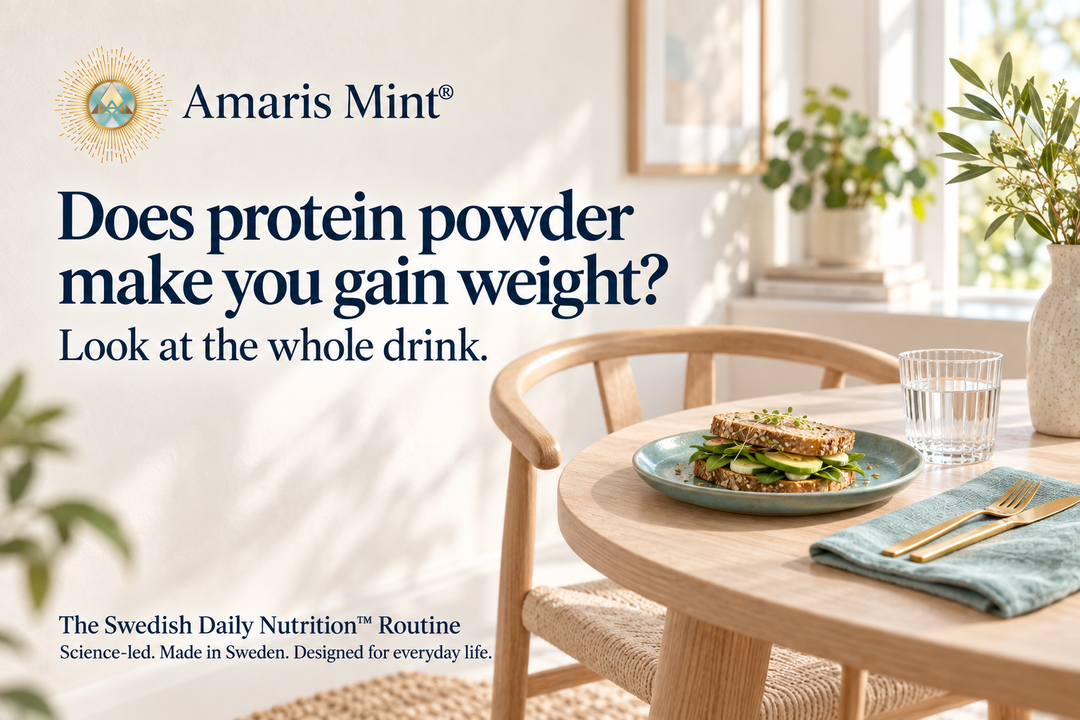 Amaris Mint cover titled Does protein powder make you gain weight?, with an oak chair, sandwich on an aqua plate and water glass in a bright dining room.