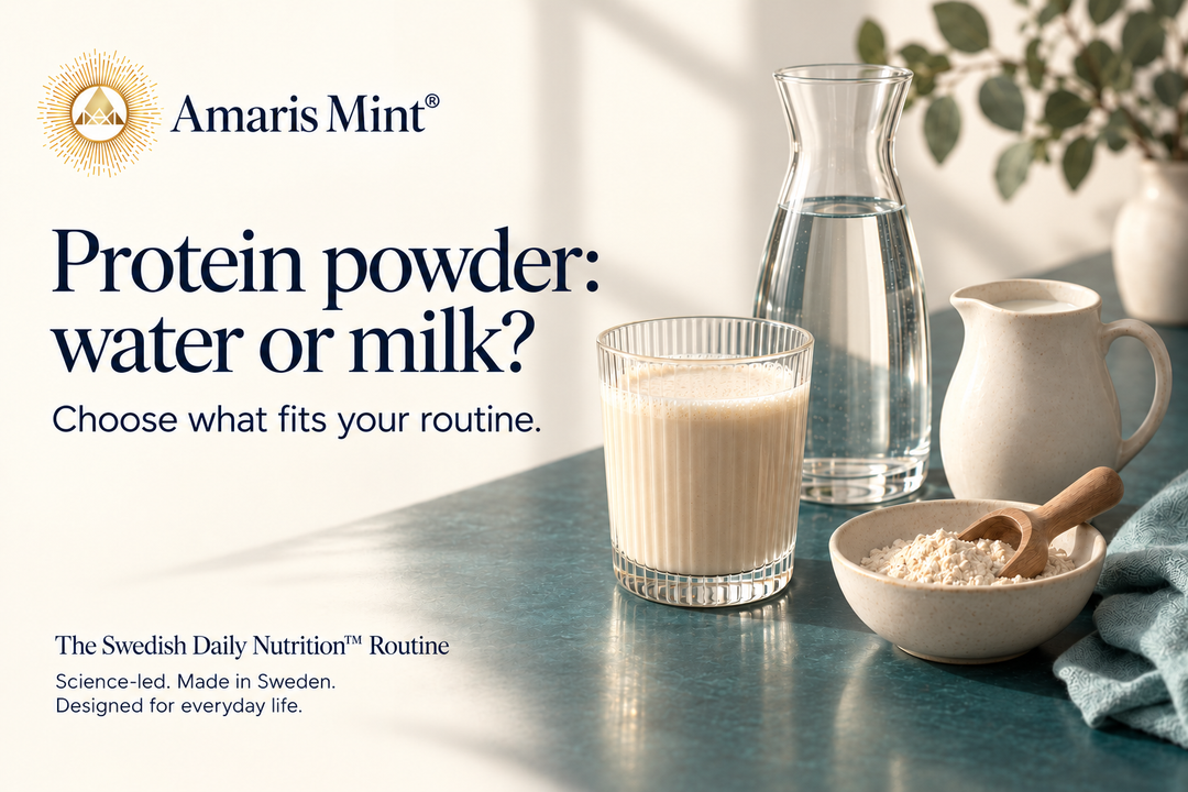 Amaris Mint cover titled Protein powder: water or milk?, with a glass of creamy drink, water carafe, ivory milk jug and bowl of powder on a deep teal surface.