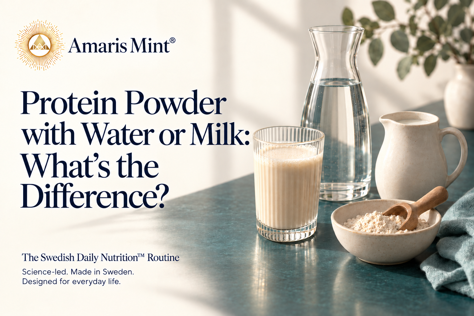 Creamy shake beside a water carafe and milk jug, with Amaris Mint branding and the headline Protein Powder with Water or Milk: What’s the Difference?.