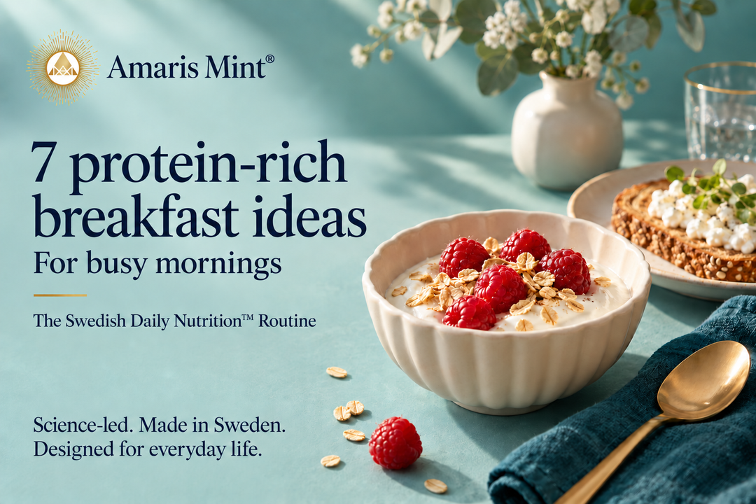 A bowl of yoghurt, raspberries and oats beside cottage-cheese toast on an aqua breakfast table, with a small gold Amaris Mint® emblem.