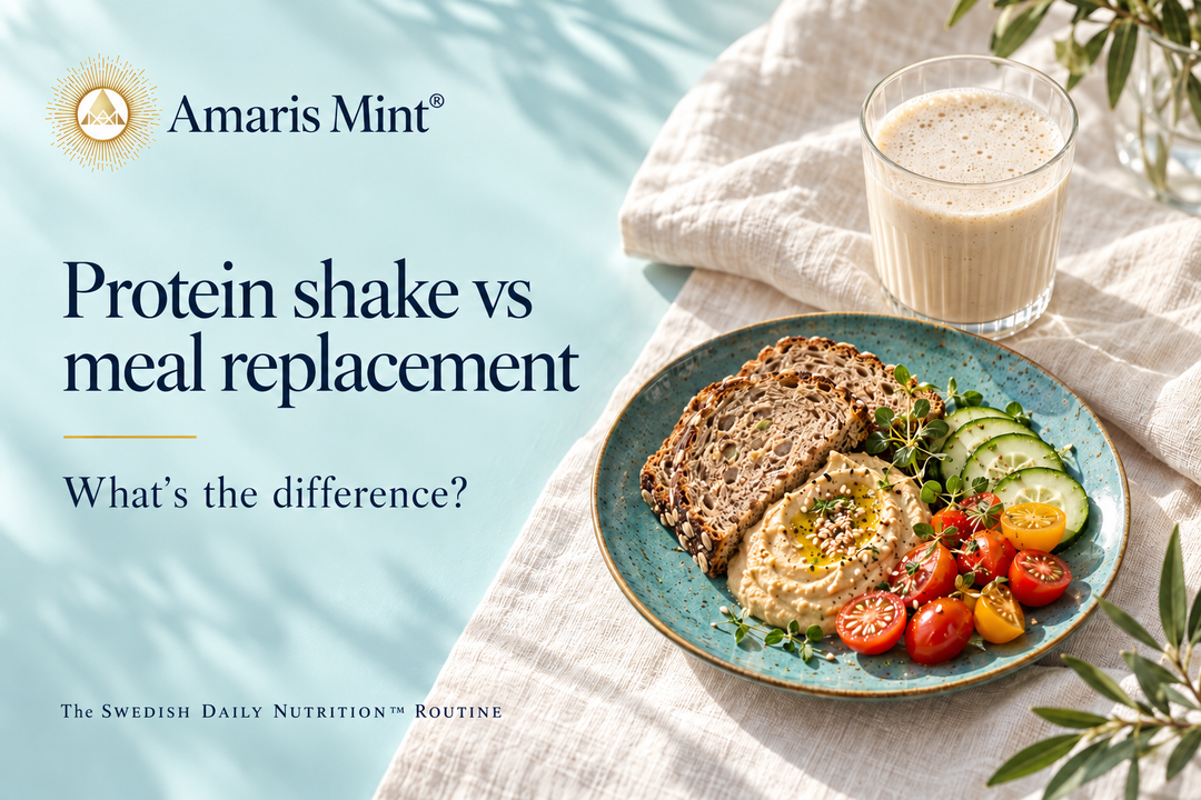 Amaris Mint protein shake versus meal replacement cover, with a creamy drink beside wholegrain bread, hummus, cucumber and tomatoes on a teal plate.
