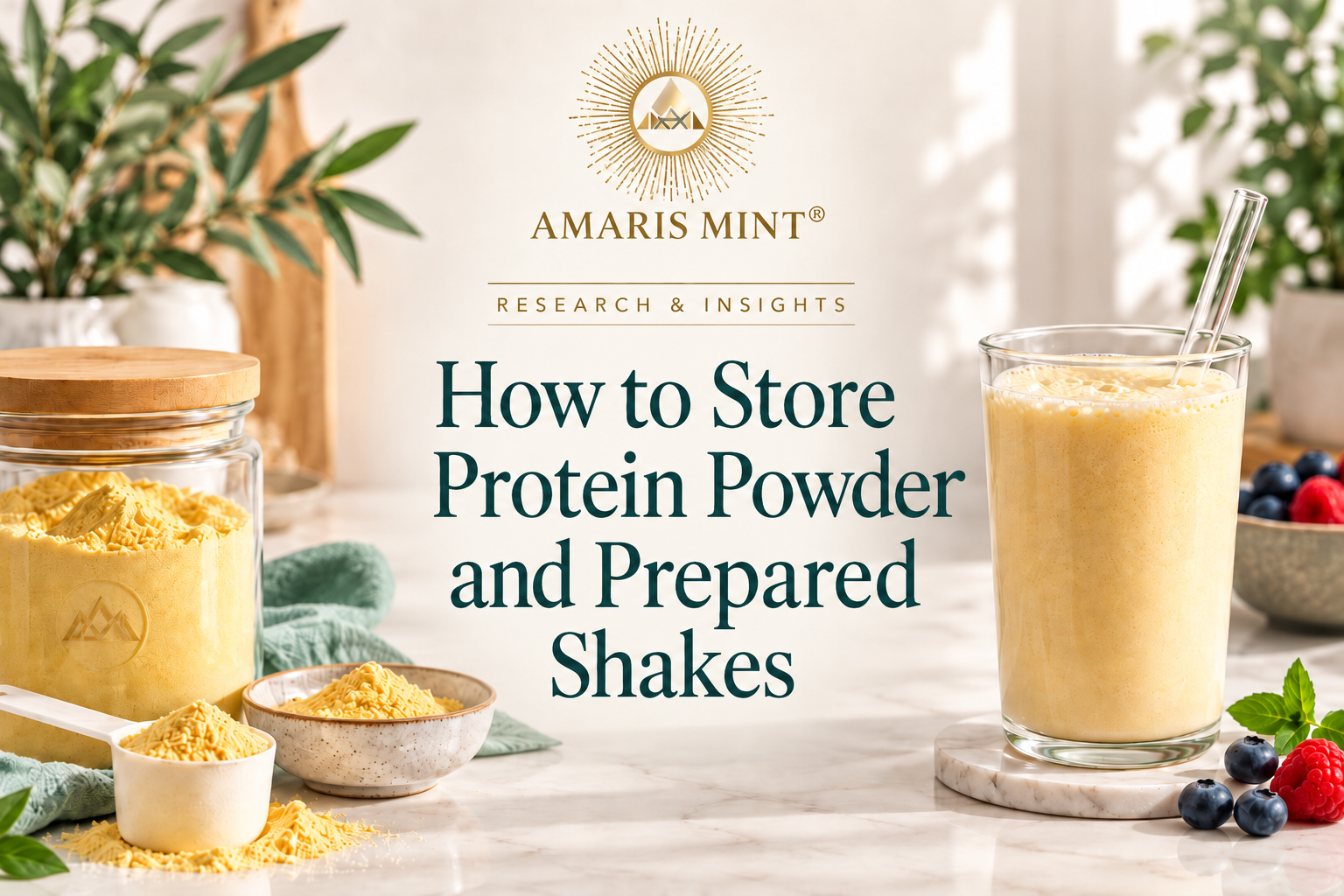 Golden protein powder in a jar, bowl and scoop beside a prepared shake, with Amaris Mint branding and the headline How to Store Protein Powder and Prepared Shakes.