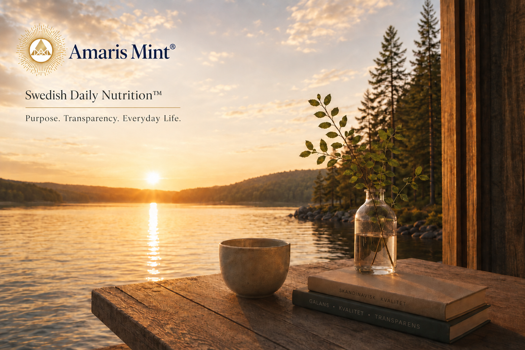 Swedish lakeside sunrise illustrating Swedish Daily Nutrition™ by Amaris Mint®, inspired by balance, transparency and everyday life.
