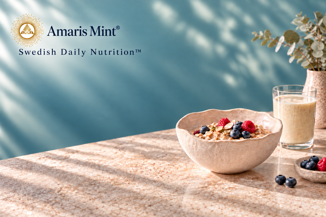 Amaris Mint® — Swedish Daily Nutrition™. Illustrative breakfast of oats, berries and a creamy shake against a sage-teal background.