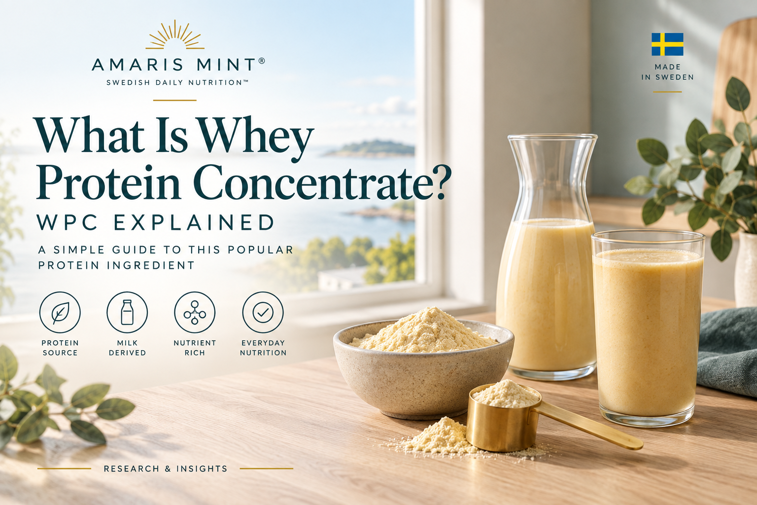 Amaris Mint cover titled What Is Whey Protein Concentrate? WPC Explained, with a bowl of powder, gold scoop and golden drinks in a Scandinavian kitchen.