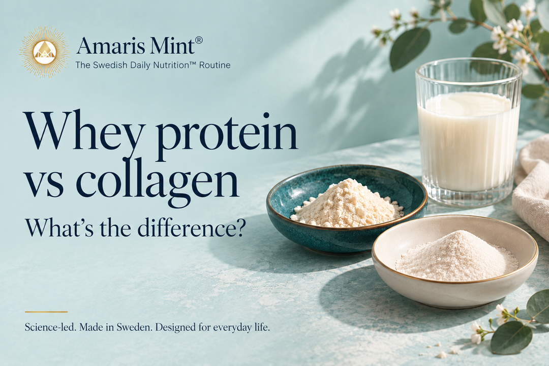 Two gold-rimmed dishes of powder and a glass of milk on an aqua surface, with the small Amaris Mint® emblem and the title Whey protein vs collagen.