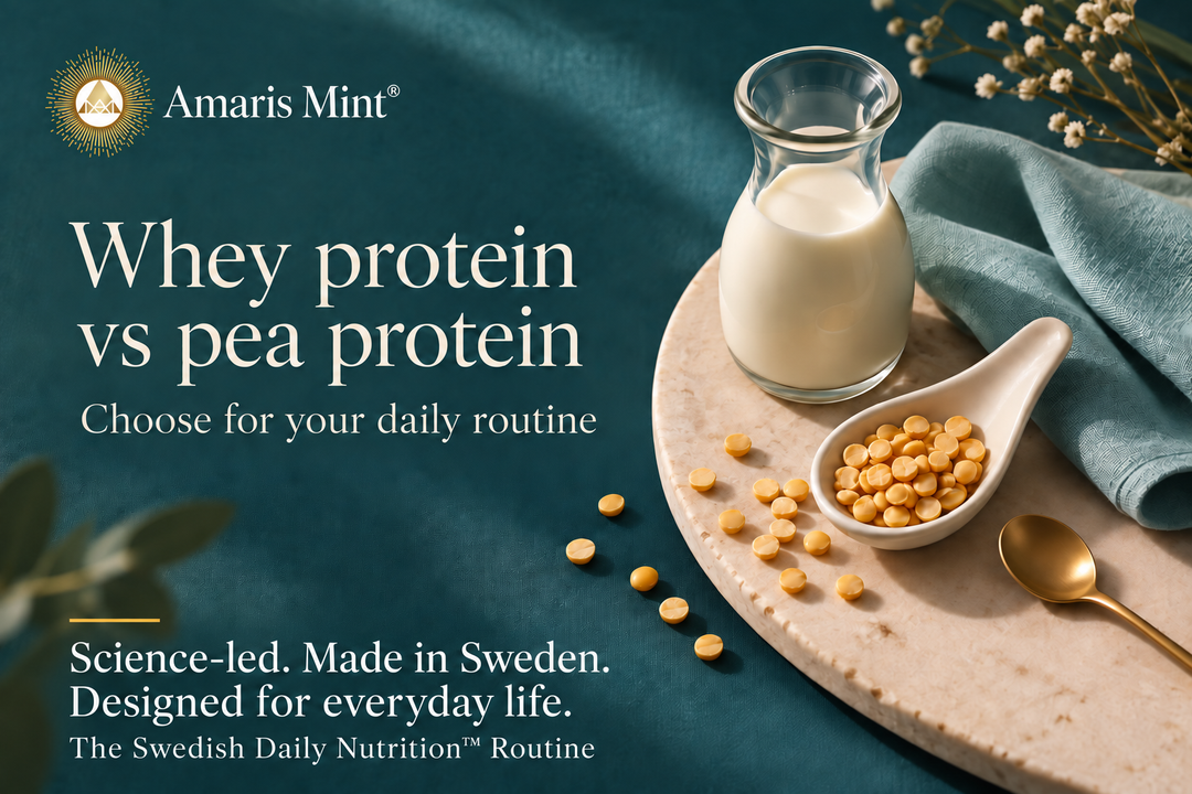 Amaris Mint® whey-versus-pea cover with a milk carafe, yellow split peas and aqua linen on a deep teal background, with a small gold emblem.