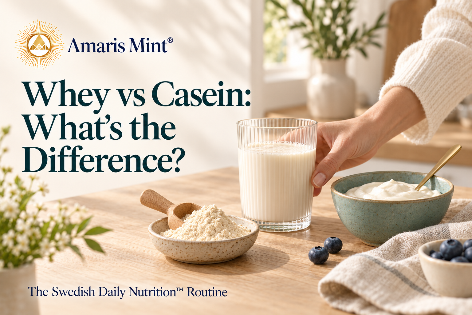 A hand placing a glass of milk beside yoghurt and a dish of protein powder, with Amaris Mint branding and the headline Whey vs Casein: What’s the Difference?