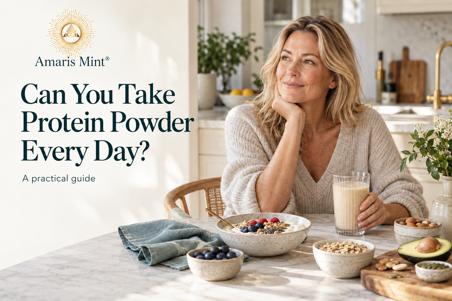 Amaris Mint® guide to daily protein powder use, with a woman holding a protein drink beside breakfast in a bright kitchen.