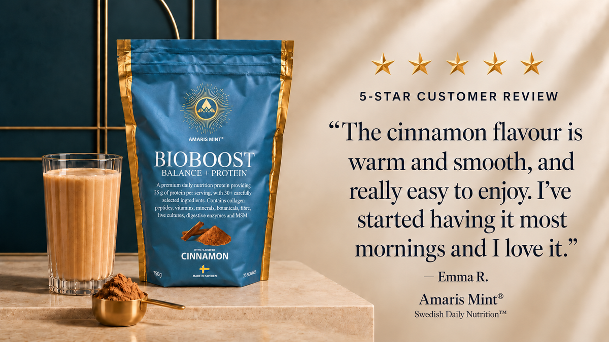 BioBoost Cinnamon five-star customer review card; Emma R. describes the flavour as warm, smooth and easy to enjoy most mornings.
