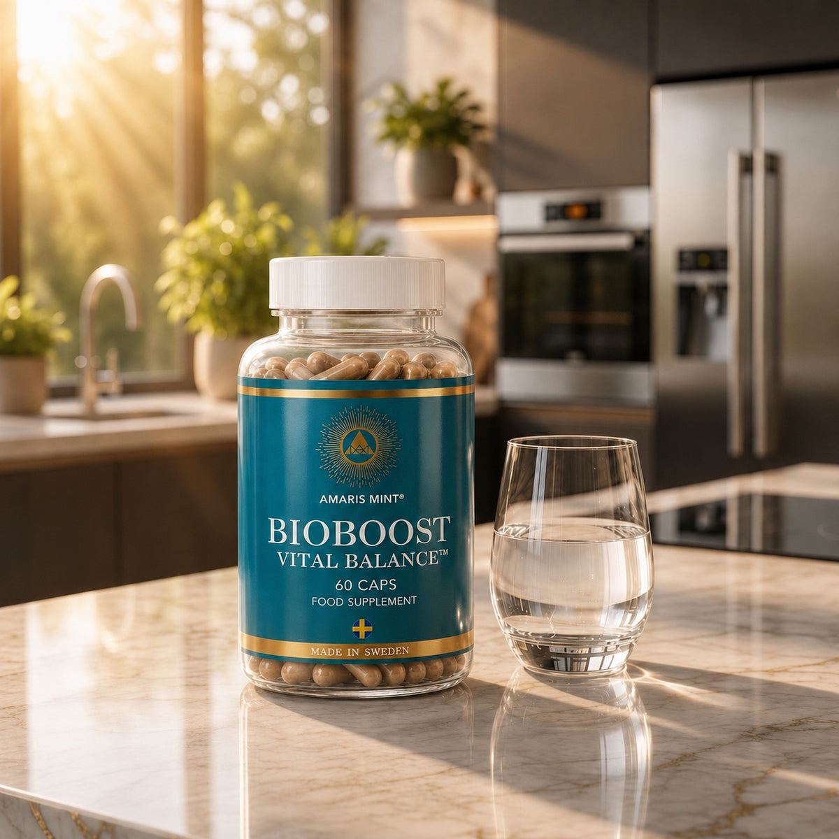 Amaris Mint BioBoost Vital Balance capsules beside a glass of water in a bright kitchen.