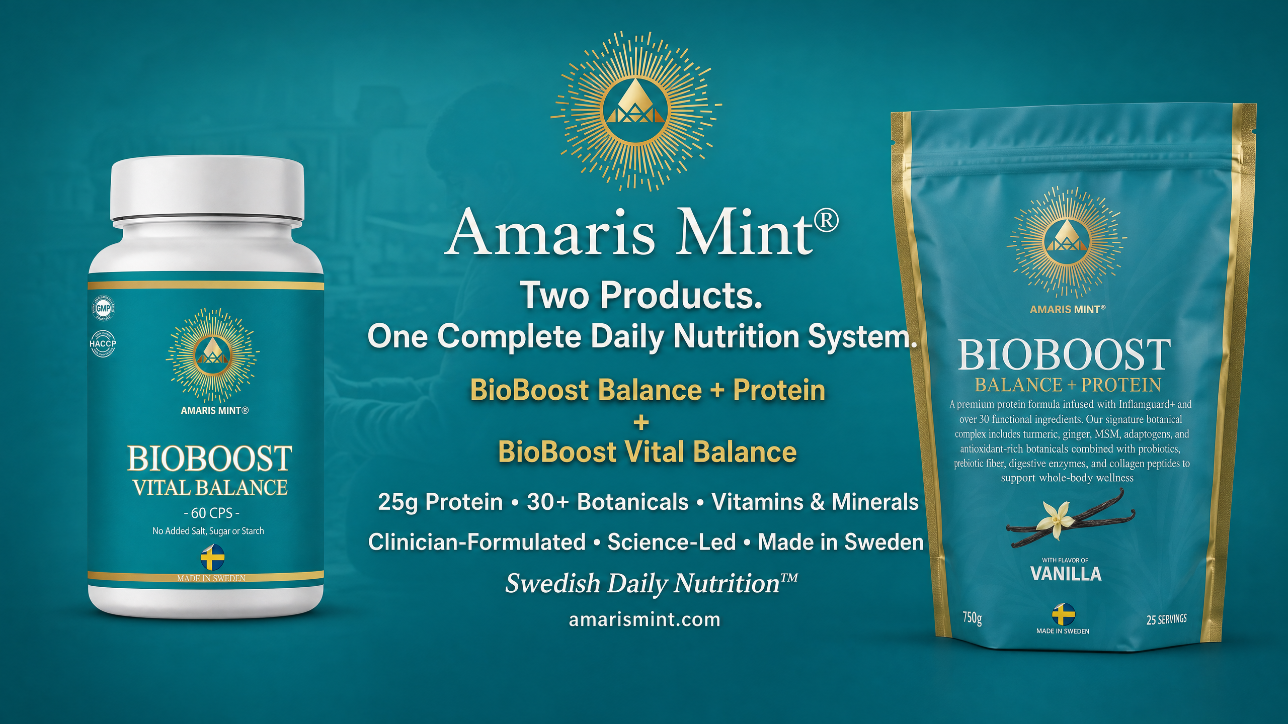 Amaris Mint BioBoost Vital Balance capsules and BioBoost Balance + Protein powder, Swedish daily nutrition with protein, botanicals, vitamins, minerals, made in Sweden