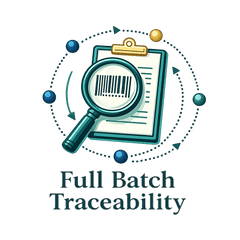 Full batch traceability with magnifying glass over barcode on clipboard, ensuring quality nutrition tracking
