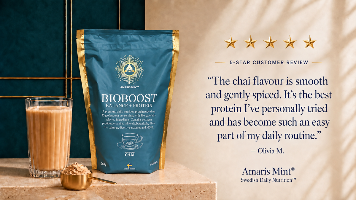 BioBoost Chai five-star customer review card; Olivia M. describes the flavour as smooth and gently spiced.