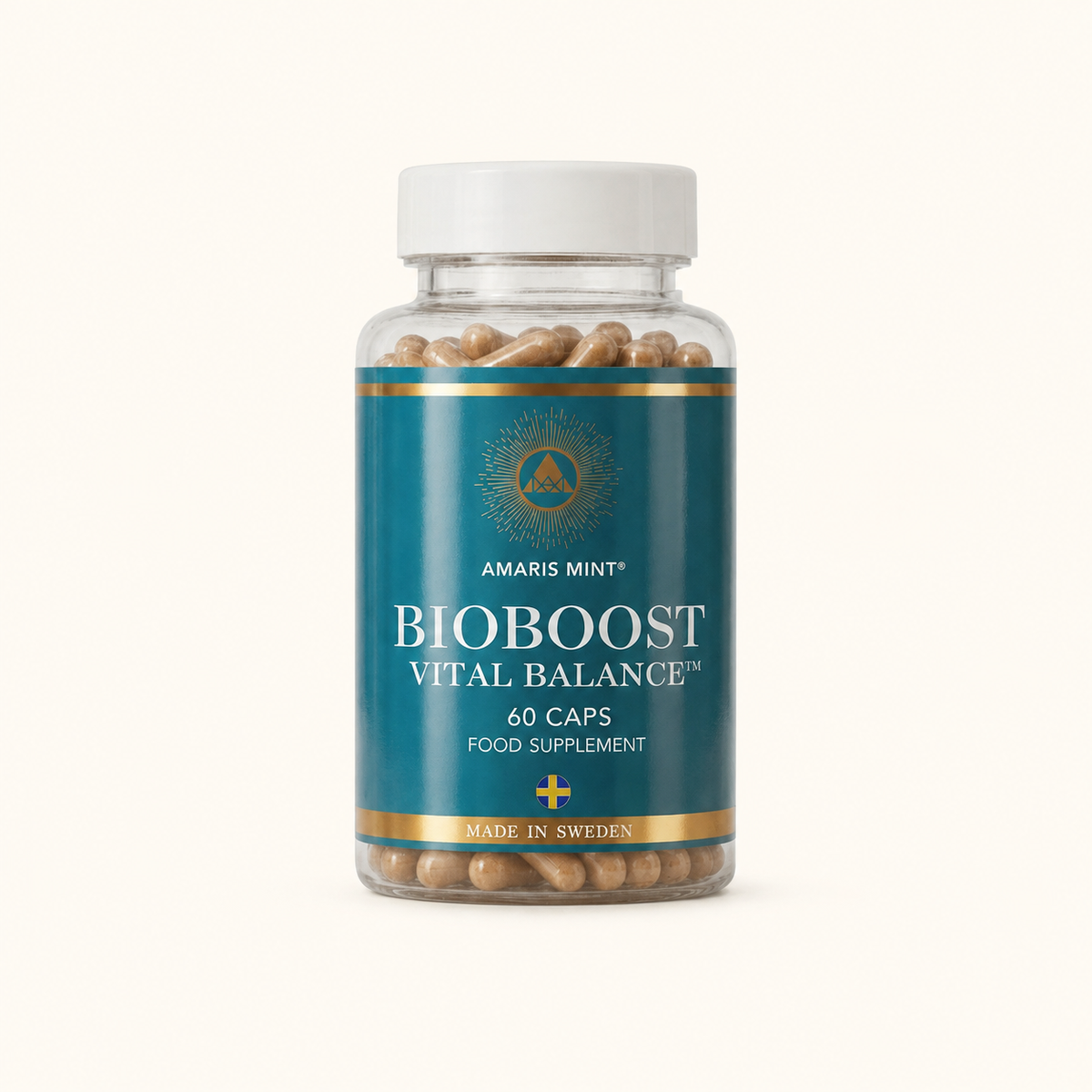 A clear supplement bottle filled with tan capsules, featuring a white cap and a teal label with gold accents. The label reads 'AMARIS MINT BIOBOOST VITAL BALANCE 60 CAPS FOOD SUPPLEMENT' and 'MADE IN SWEDEN'.
