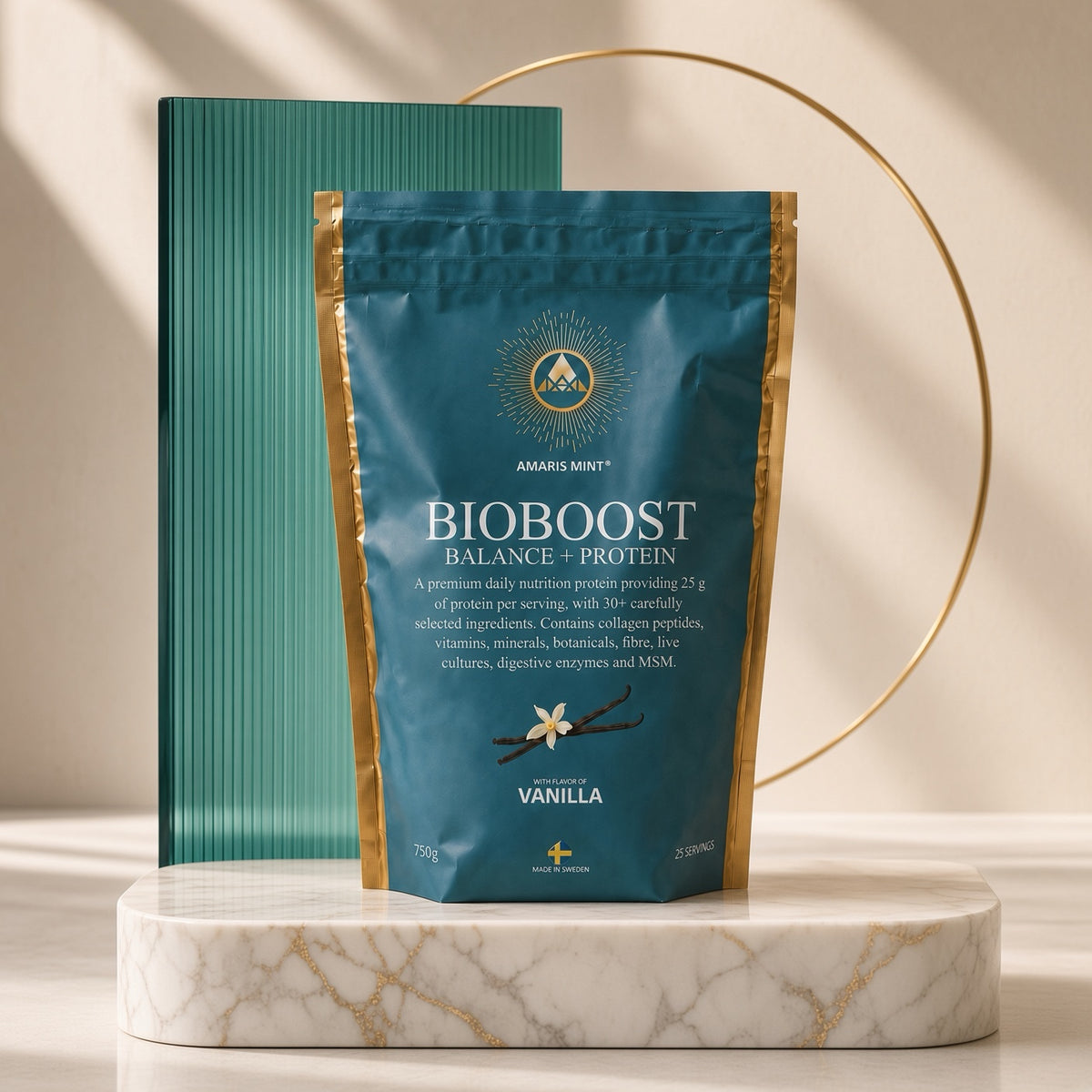 Amaris Mint BioBoost Balance+ Protein Vanilla pouch on a marble plinth.