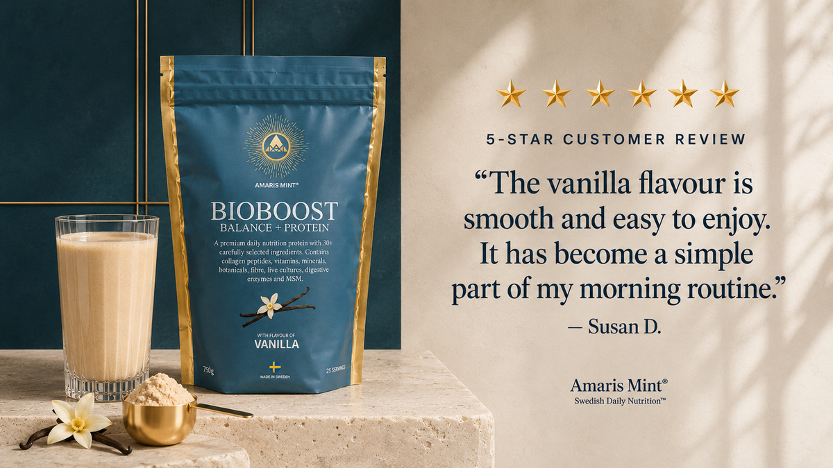 BioBoost Vanilla five-star customer review card; Susan D. describes the flavour as smooth and easy to enjoy in her morning routine.