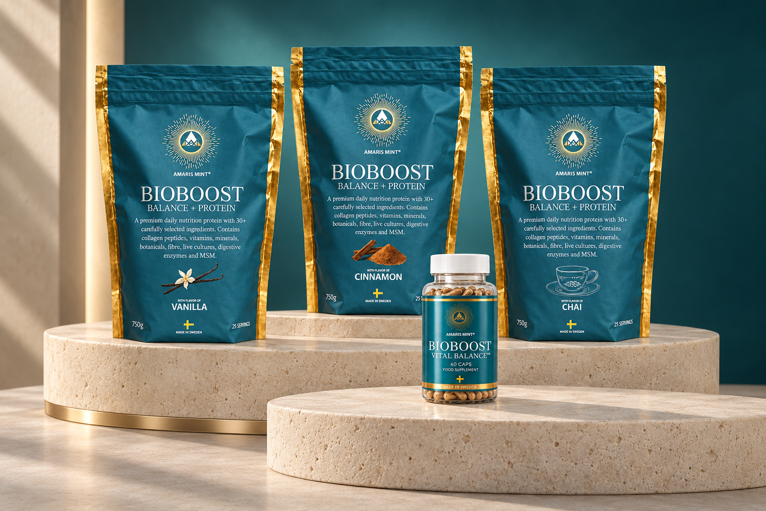 Amaris Mint BioBoost Vanilla, Cinnamon and Chai protein pouches with Vital Balance capsules on stone display stands.