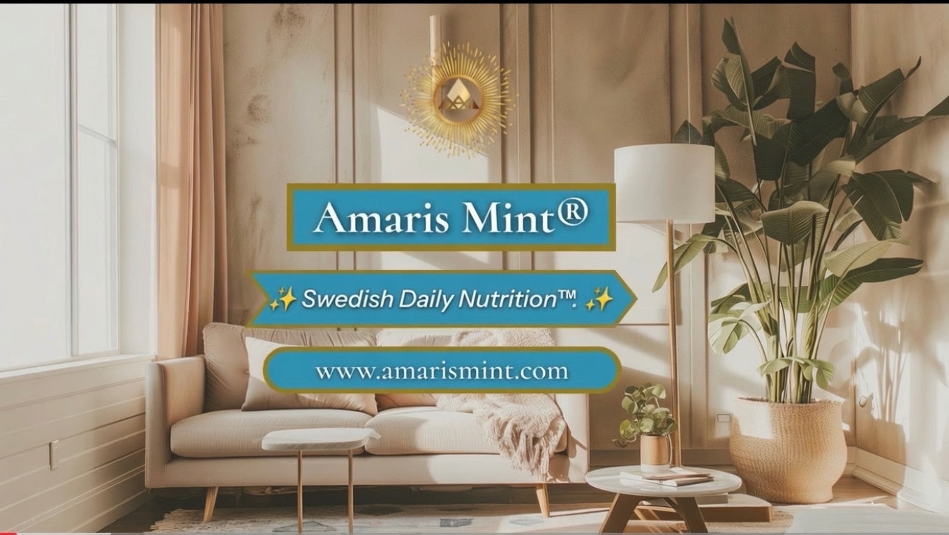 Amaris Mint Swedish Daily Nutrition in cozy living room with sofa, plants, and warm lighting