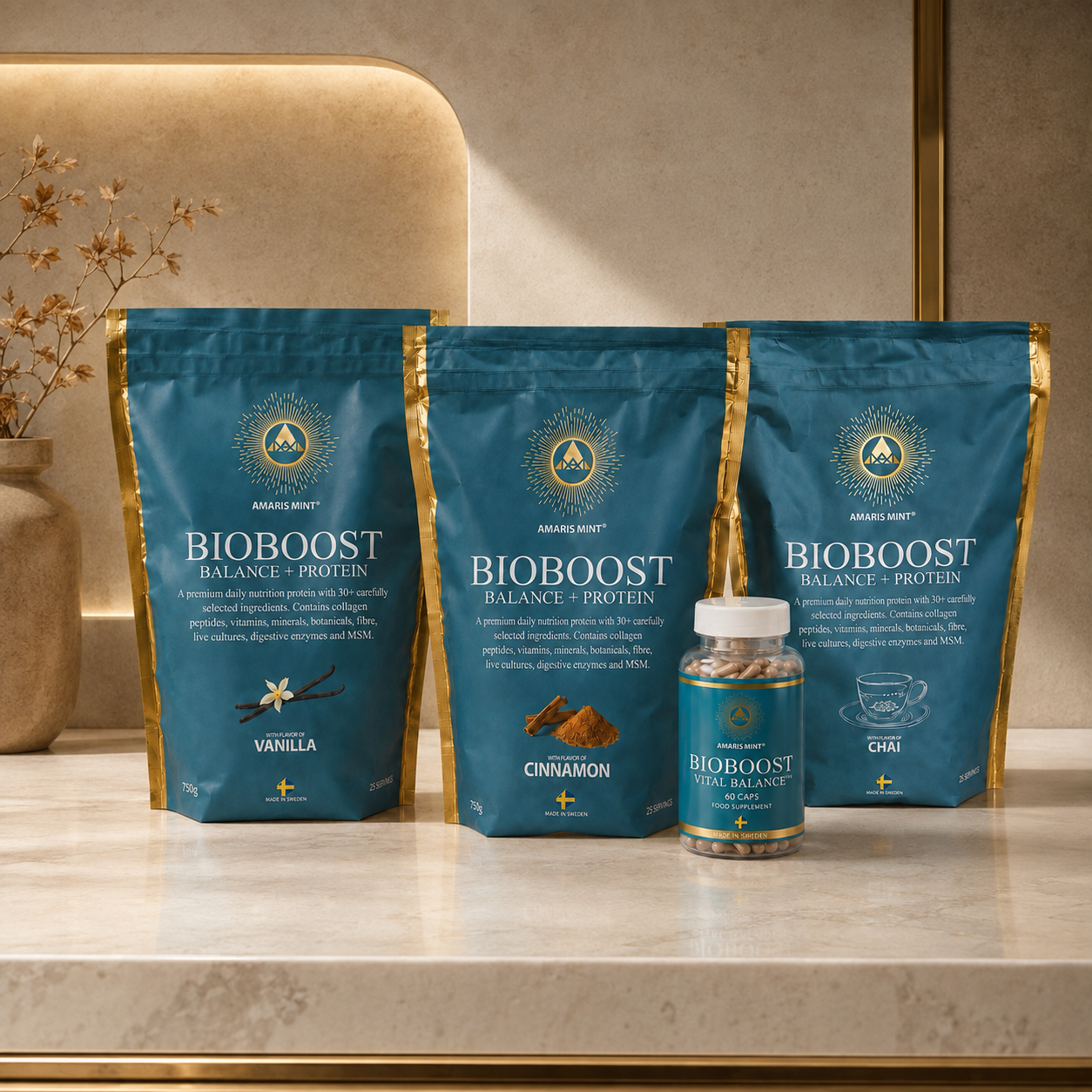 Amaris Mint BioBoost Vanilla, Cinnamon and Chai protein pouches with Vital Balance capsules on a kitchen counter.
