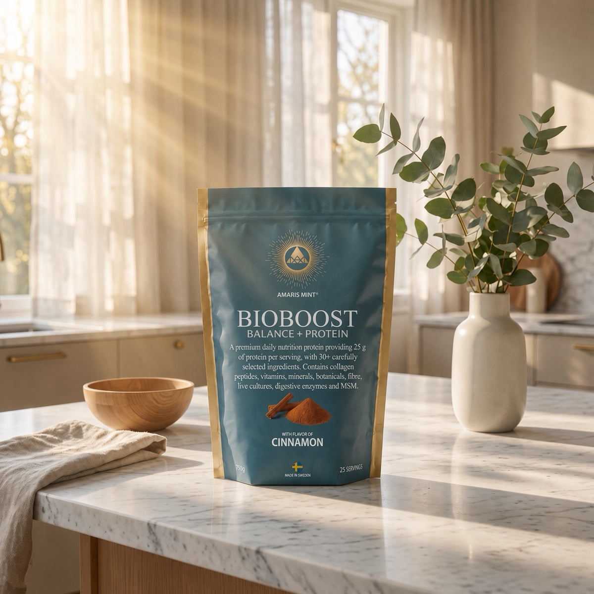 Amaris Mint BioBoost Balance+ Protein Cinnamon pouch on a kitchen counter.
