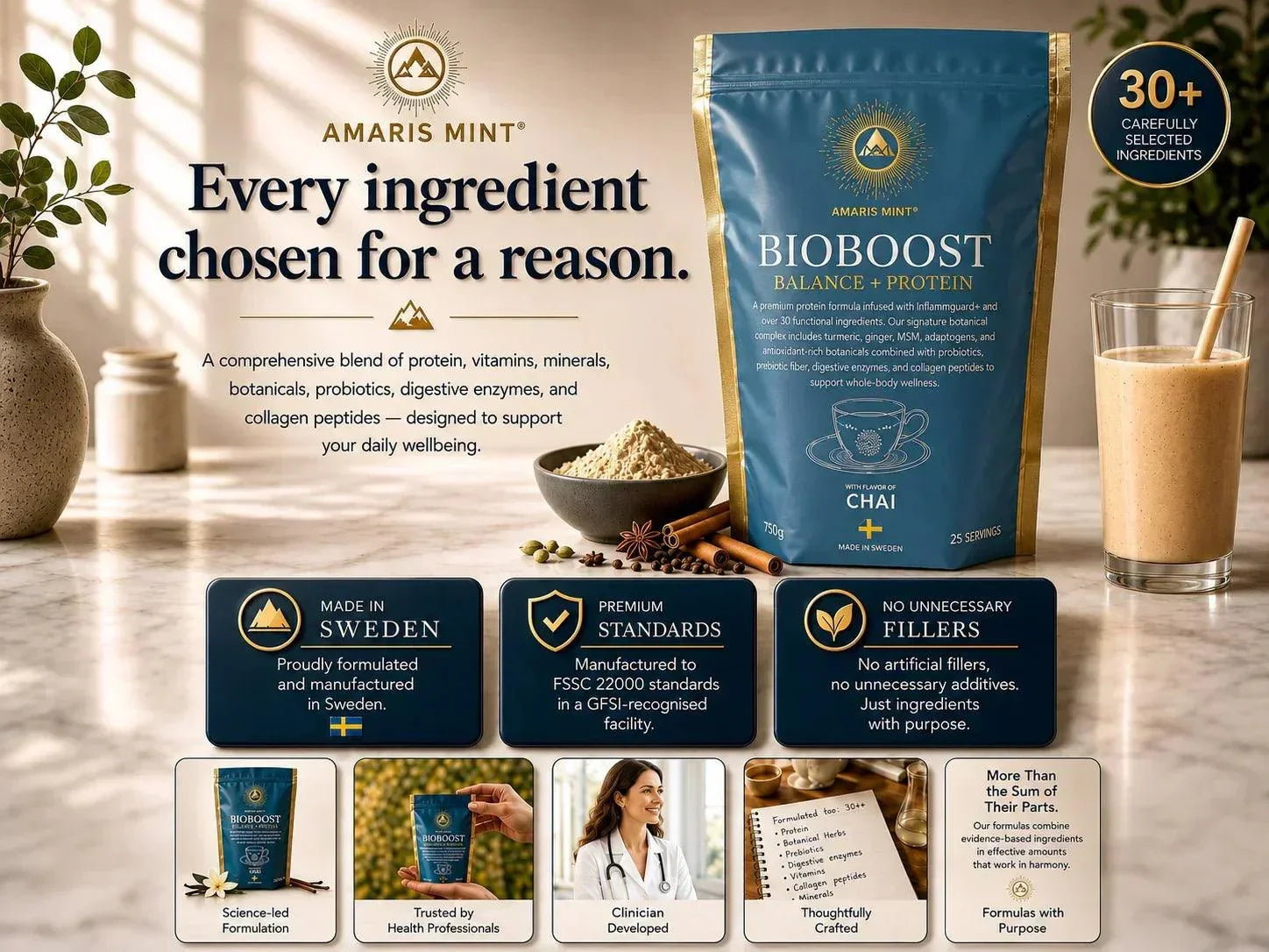 Amaris Mint BioBoost Balance + Protein powder with chai flavor, 30+ ingredients, made in Sweden, premium daily nutrition