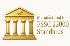 Golden temple icon with text: Manufactured to FSSC 22000 Standards for premium nutrition quality