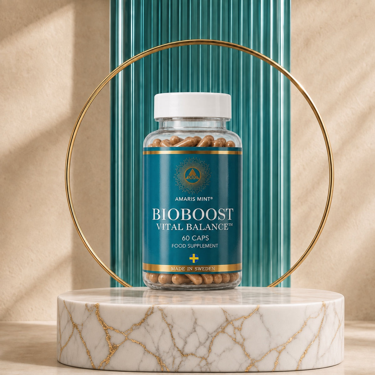 Amaris Mint BioBoost Vital Balance capsule bottle on a marble pedestal with a teal backdrop and gold circular frame.