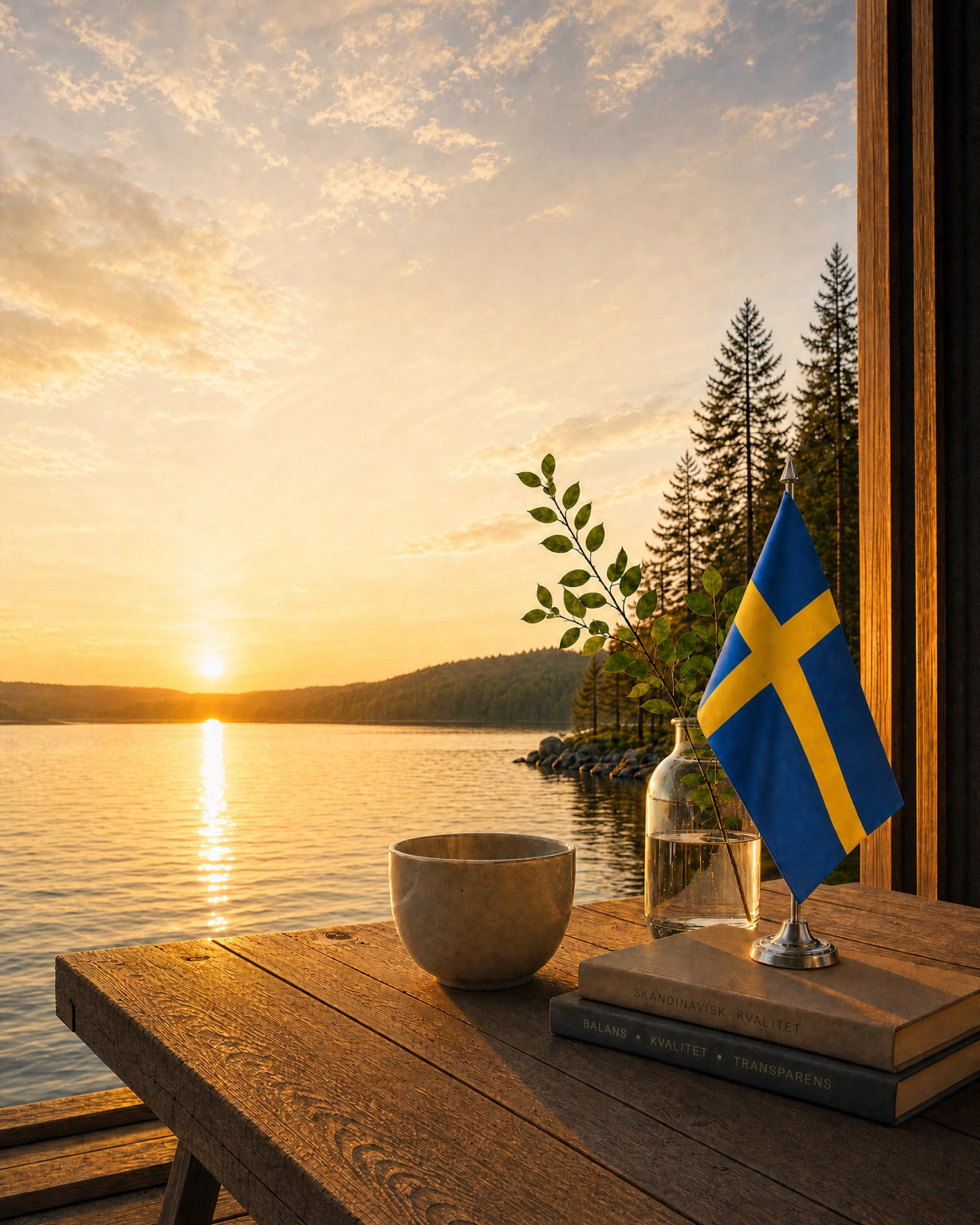 Swedish flag on wooden table by lake at sunset, with books and plant, evoking Scandinavian quality and calm