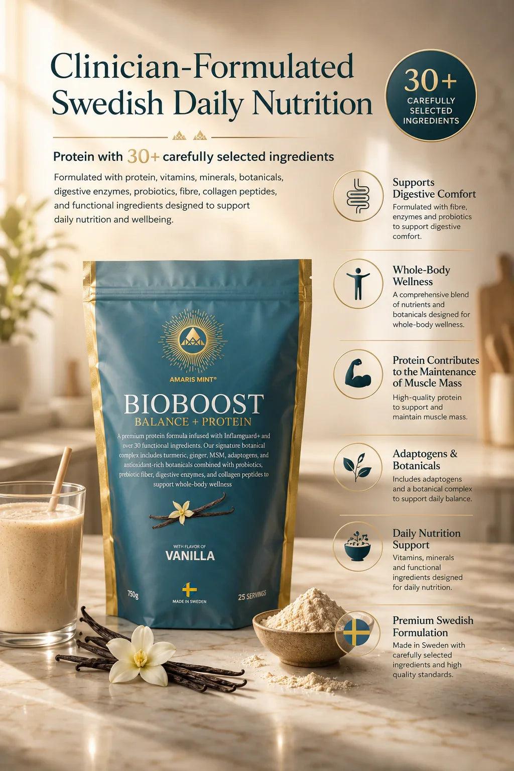 Vanilla-flavored BioBoost protein powder with 30+ ingredients, Swedish daily nutrition for wellness and muscle support