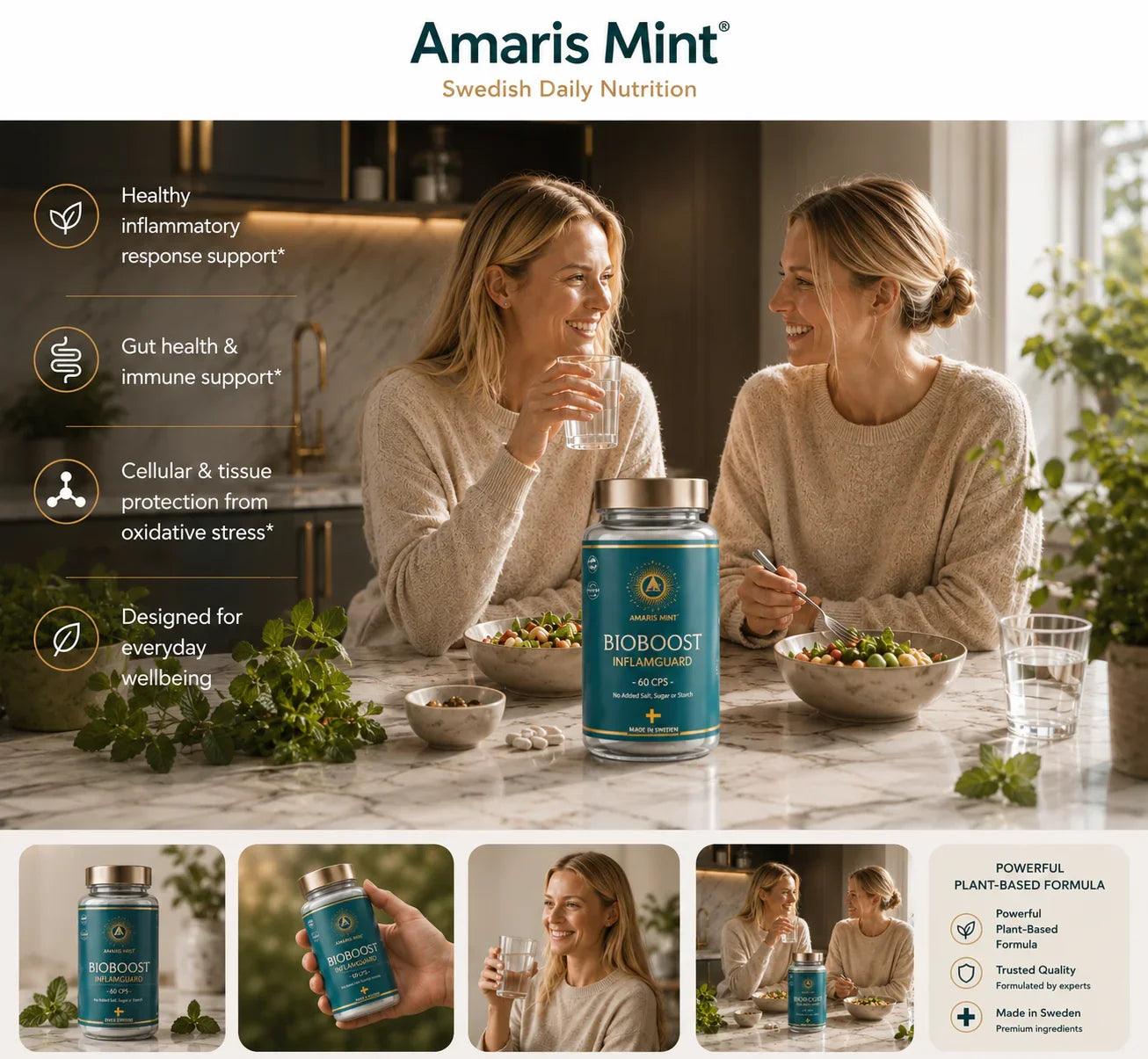 Two women enjoying healthy meals with Amaris Mint BioBoost Inflamguard supplement, featuring plant-based daily nutrition for wellbeing.
