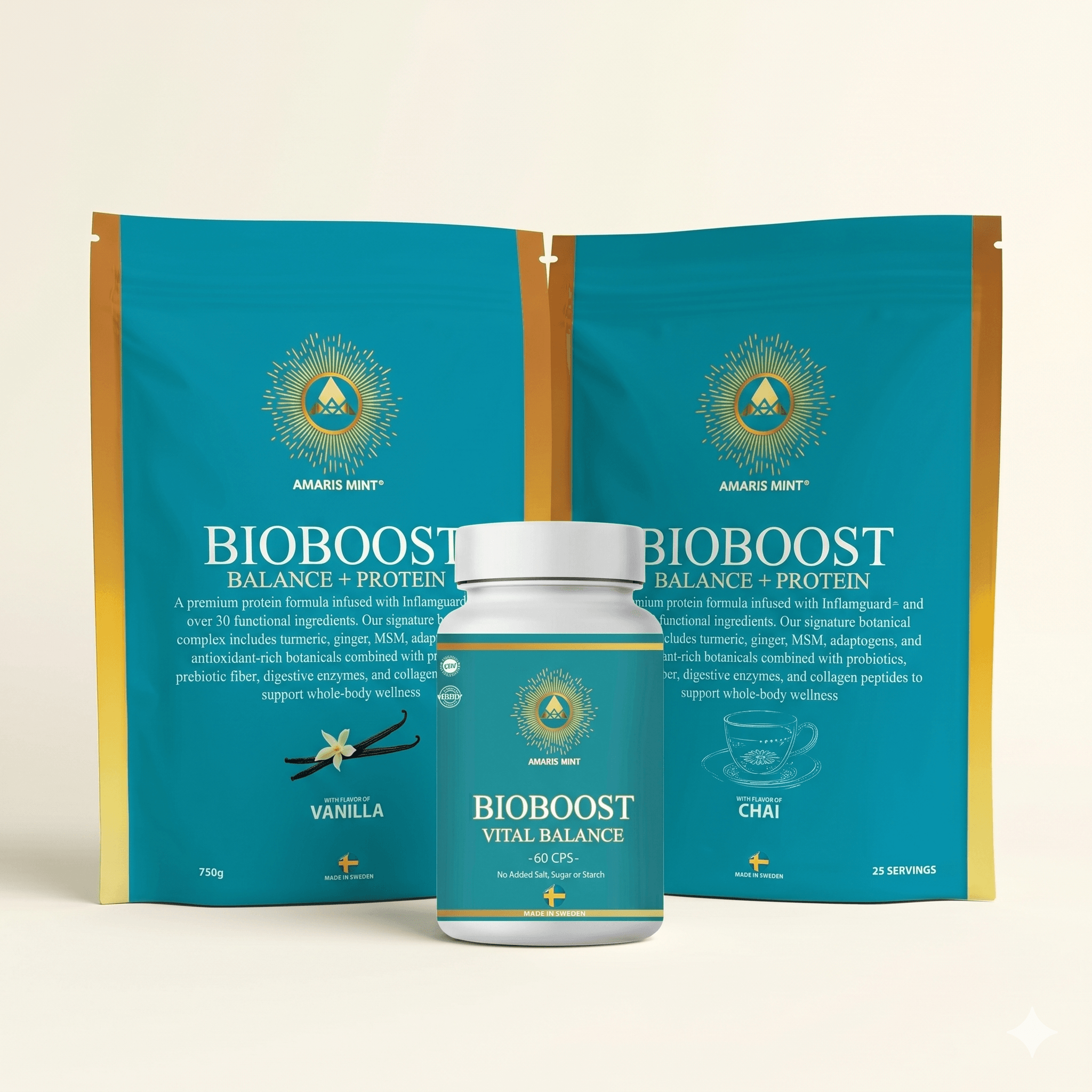 Amaris Mint BioBoost Balance + Protein in vanilla and chai flavors, plus Vital Balance capsules, all made in Sweden
