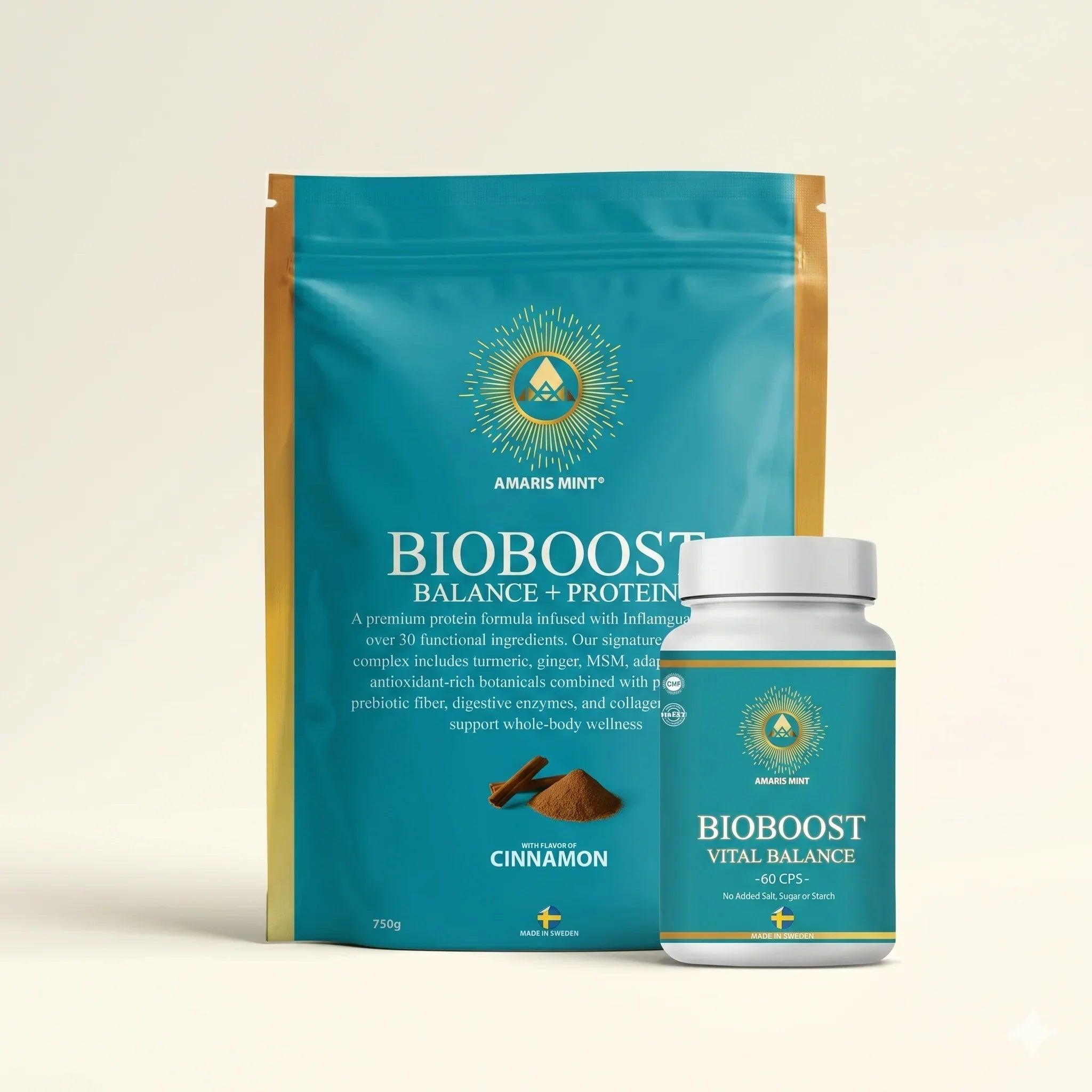 Amaris Mint BioBoost Balance + Protein powder and Vital Balance capsules, premium daily nutrition with botanicals, made in Sweden