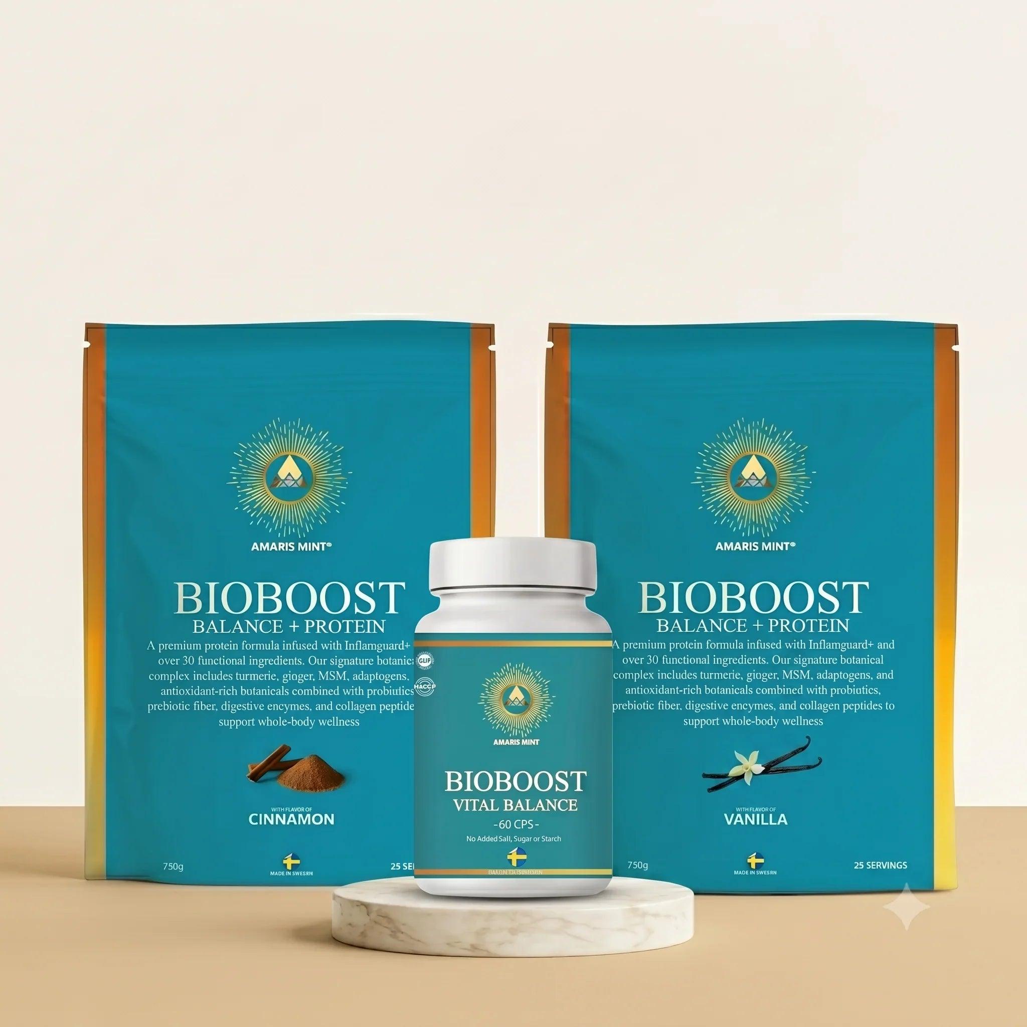 Amaris Mint BioBoost Balance + Protein packs in cinnamon and vanilla flavors with Vital Balance capsules, premium daily nutrition with botanicals and protein.